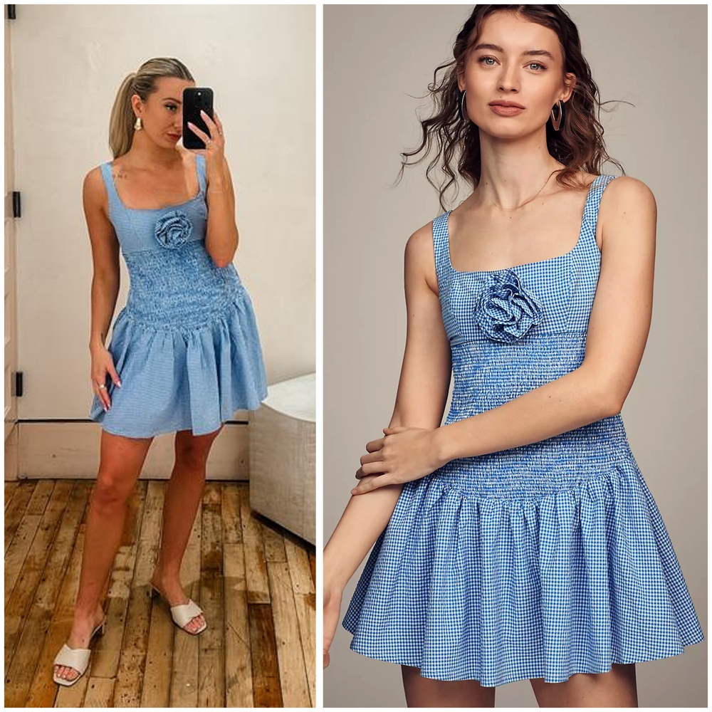 Anthropologie Maeve Smocked Rosette Gingham Drop-Waist Mini Dress In Blue